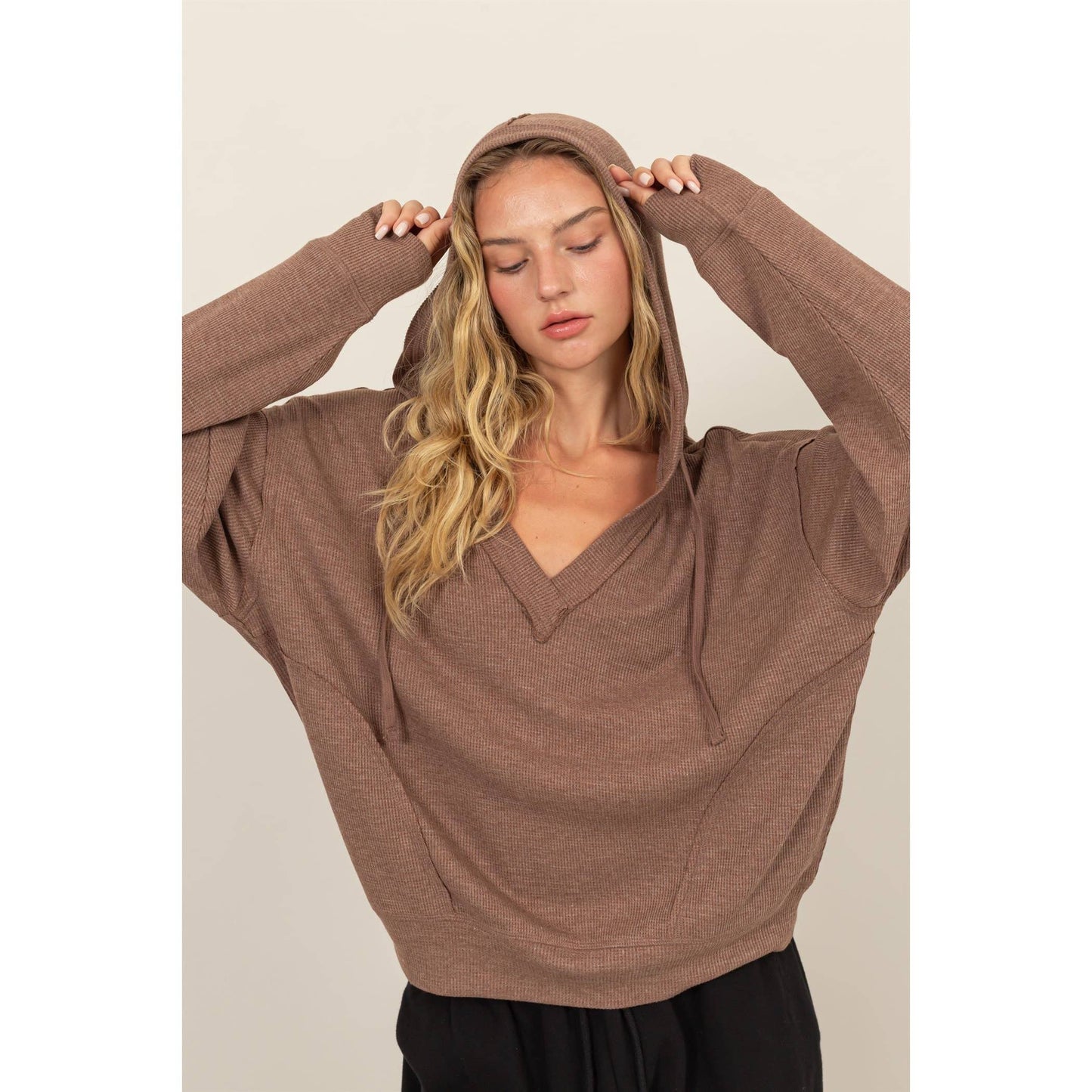 Relaxed Fit Notch Neck Ribbed Hoodie