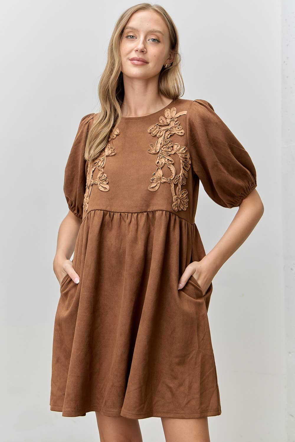3D EMBROIDERED SUEDE DRESS
