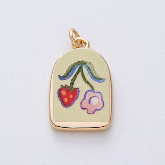 18K Gold Filled 23mm Flower Strawberry Green Enamel Charm | AF1597