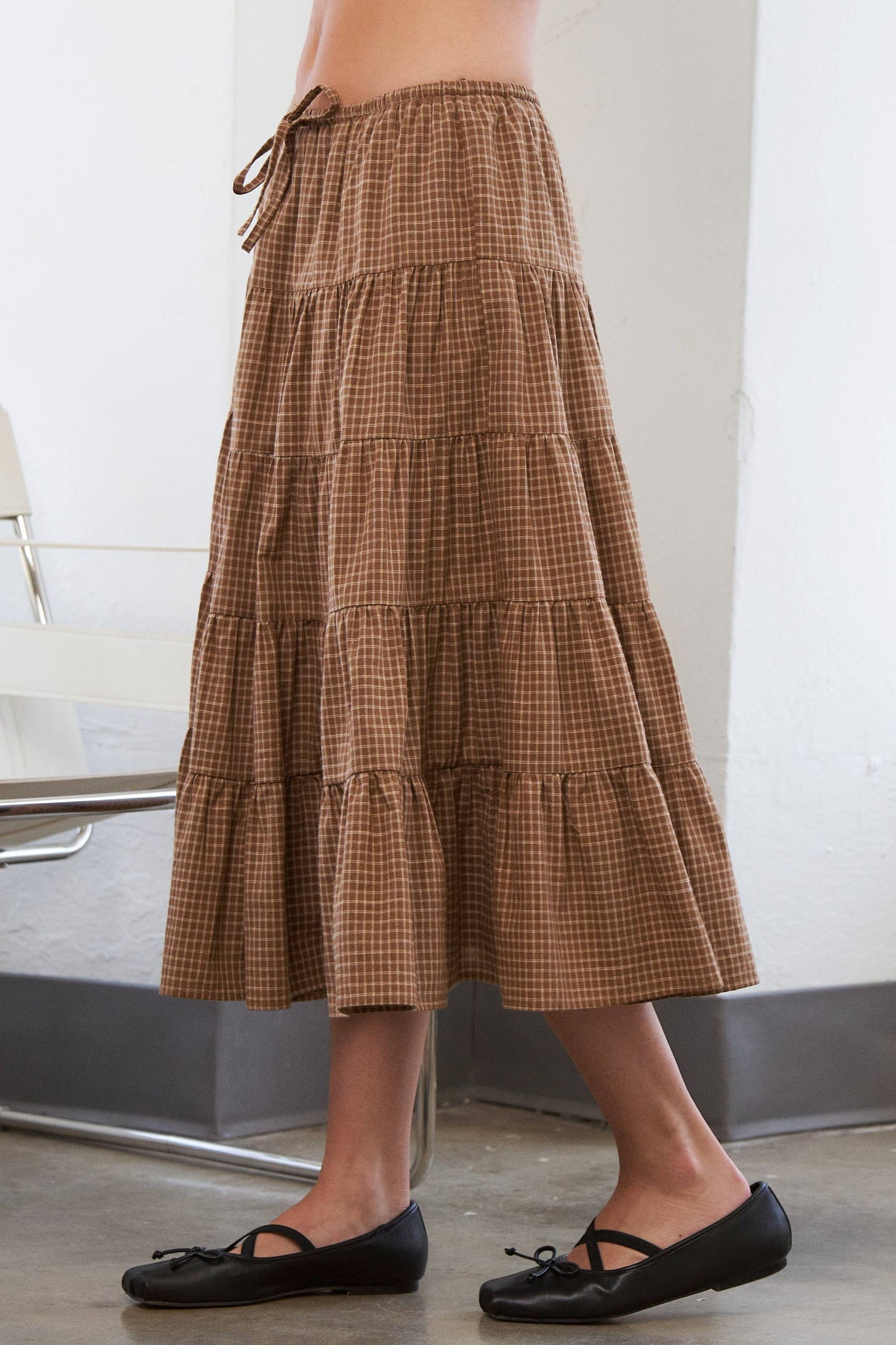 Caramel Gingham Elastic Waistband Skirt