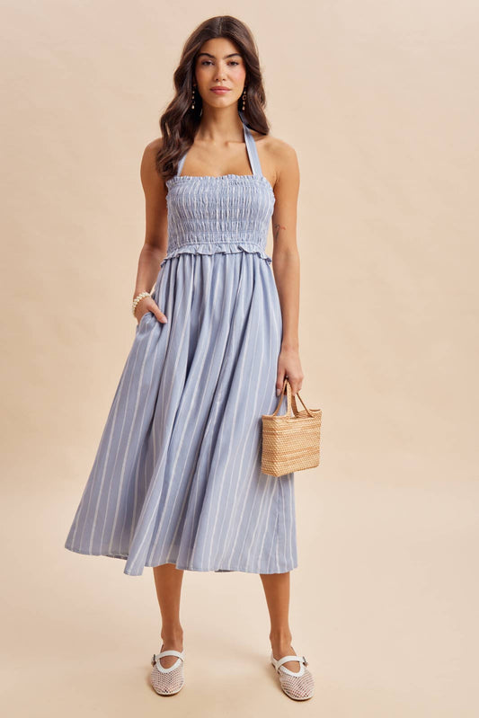 SMOCKED HALTER MIDI DRESS