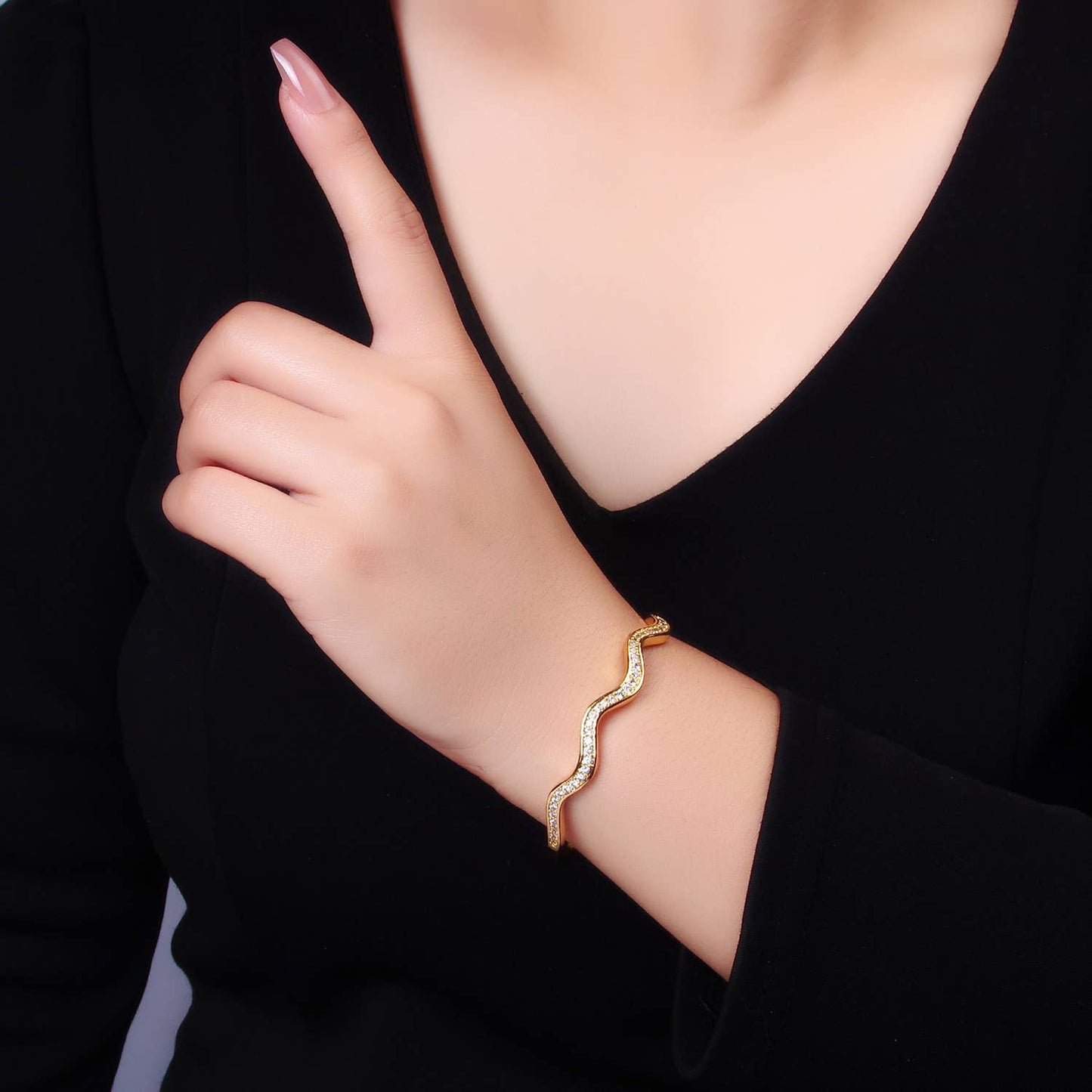 24K Gold Filled CZ Paved Wavy Cuff Bracelet | WA-2720