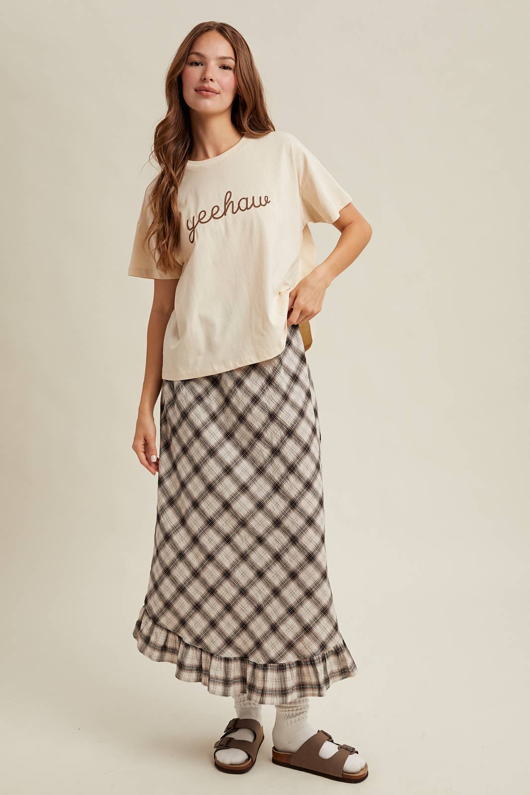 PLAID RUFFLE HEM MIDI SKIRT / WL25-11047