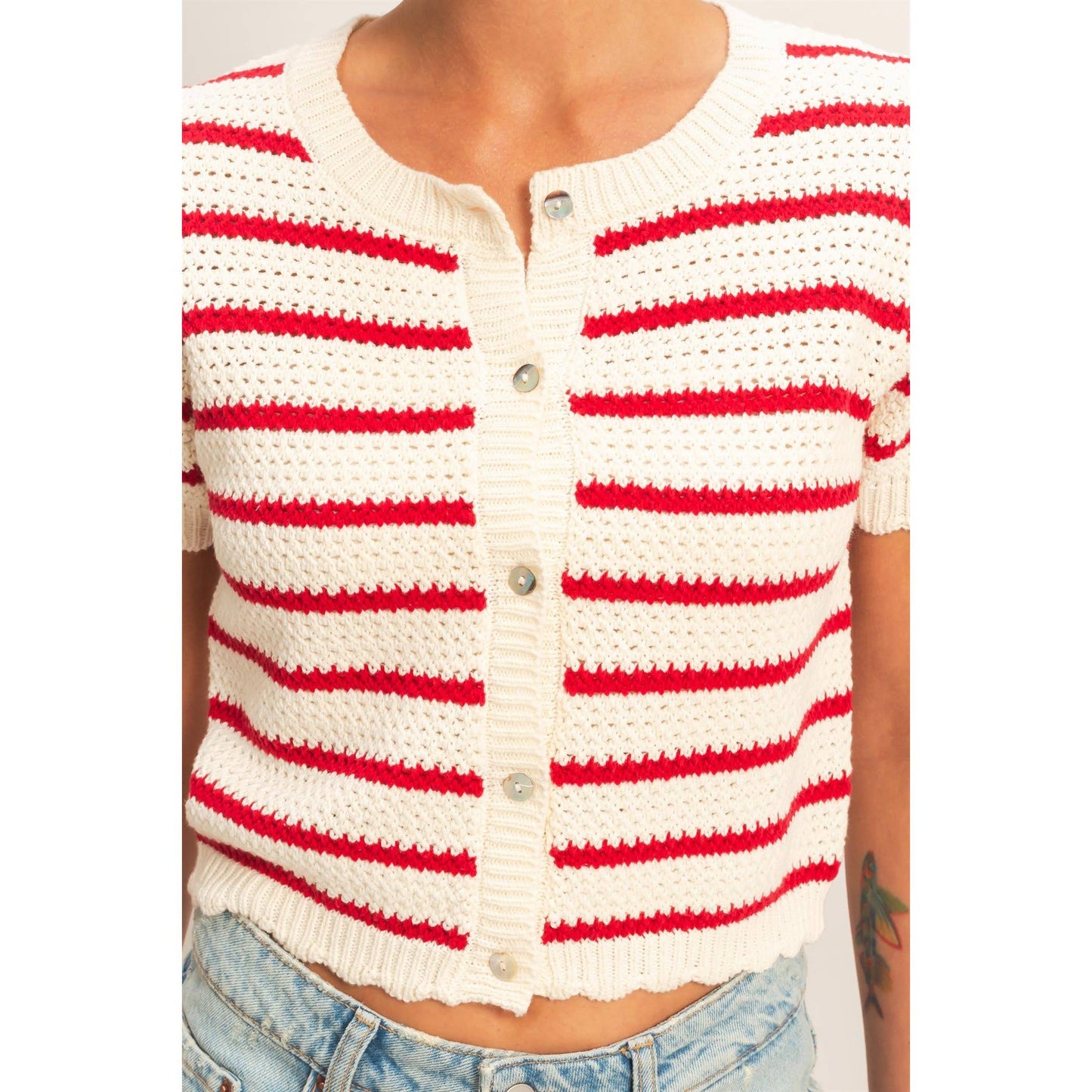Striped Short Sleeve Cardigan With Scallop Edge