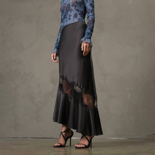 Satin Bias Lace Panel Skirt - RS1005