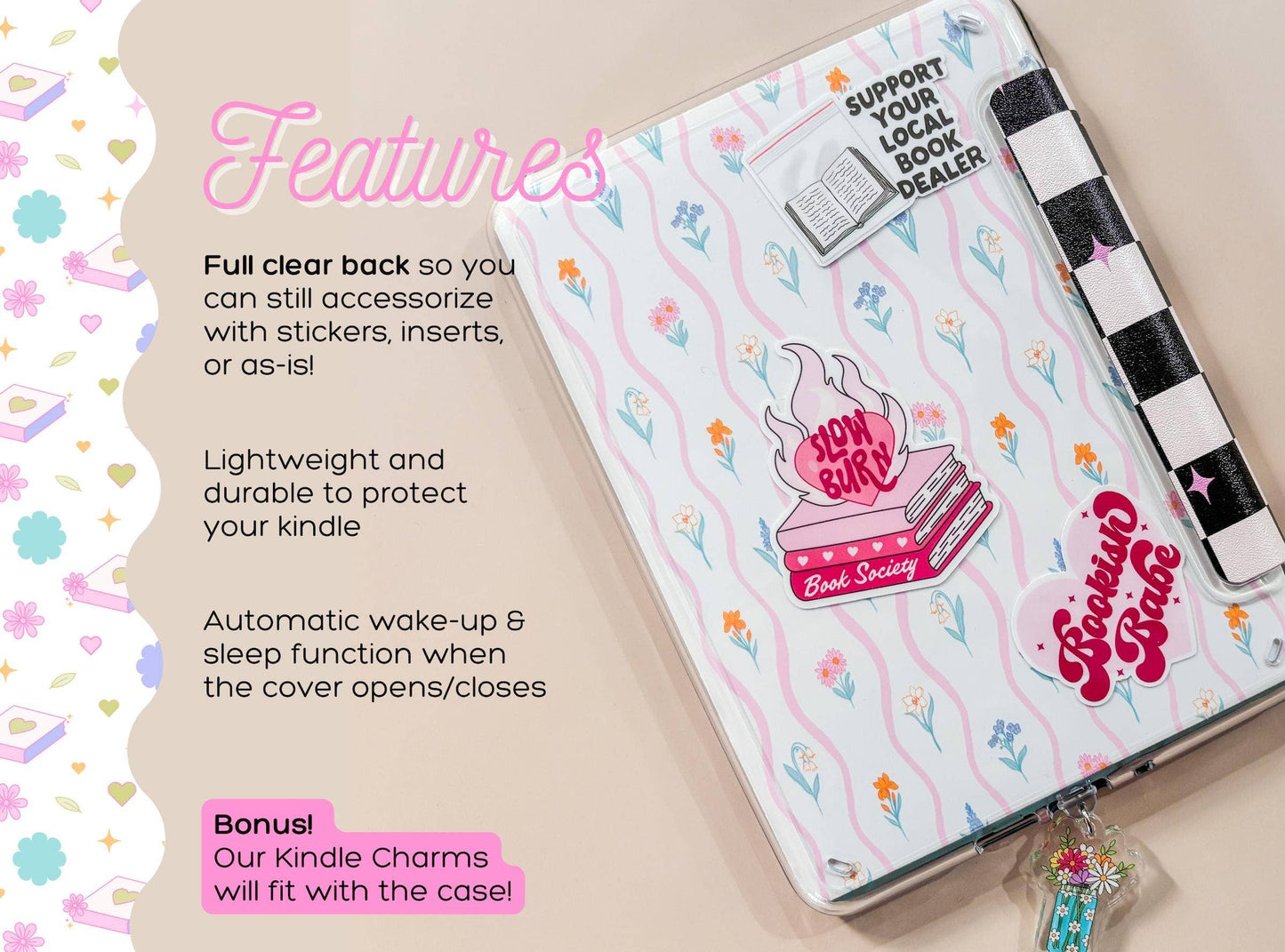 Checkered Blooms Clear Back Kindle Case