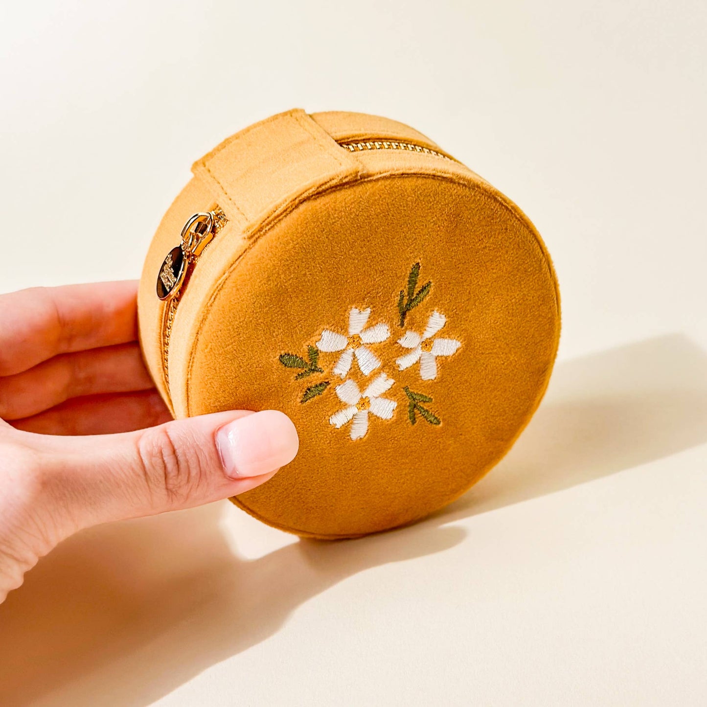 Round Velvet Jewelry Case-Floral Golden