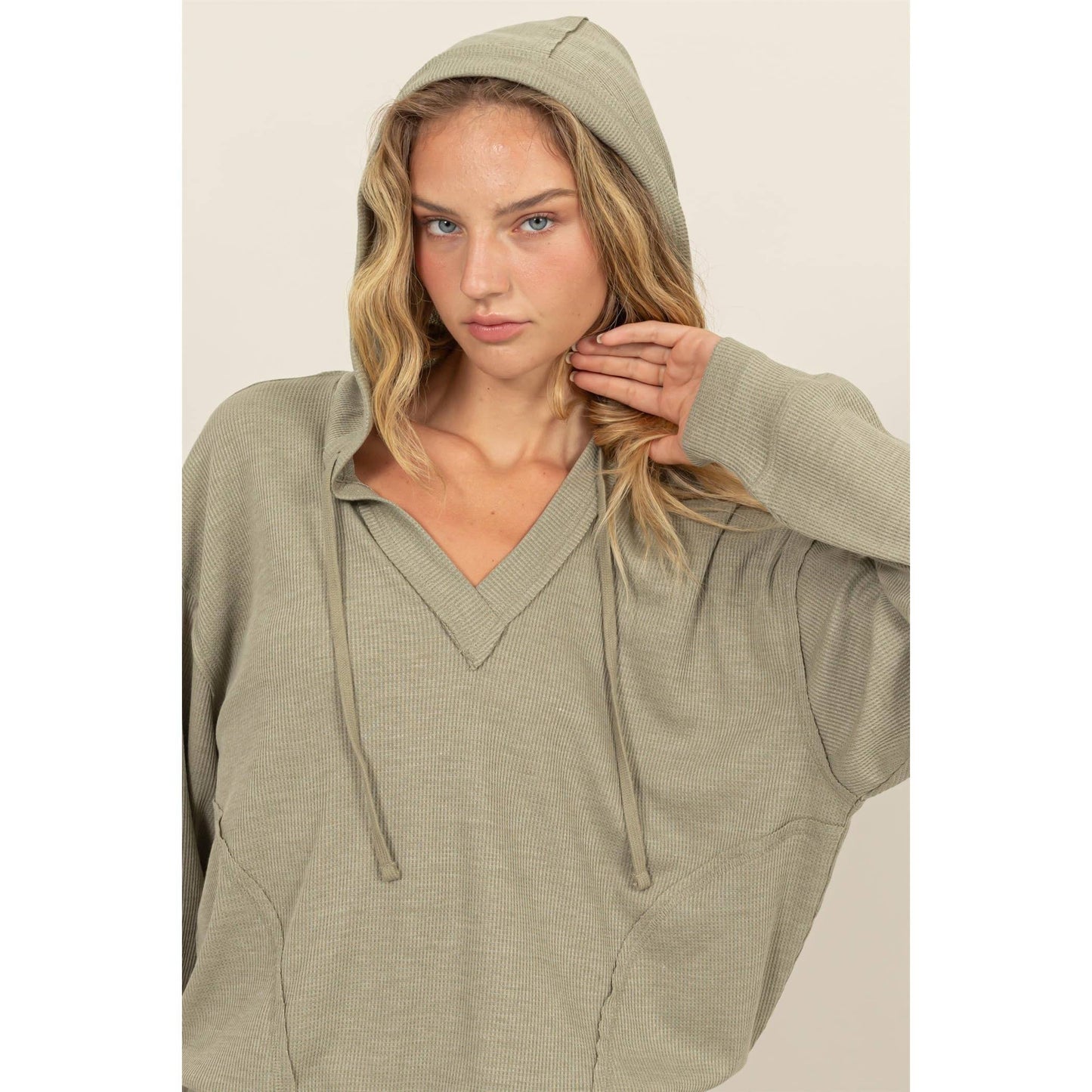 Relaxed Fit Notch Neck Ribbed Hoodie