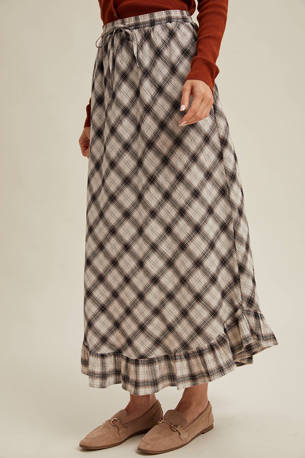 PLAID RUFFLE HEM MIDI SKIRT / WL25-11047