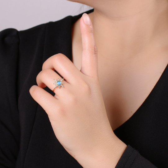 Dainty gold Sun ring , Moon Sun Ring, Blue Opal Ring Gold, S