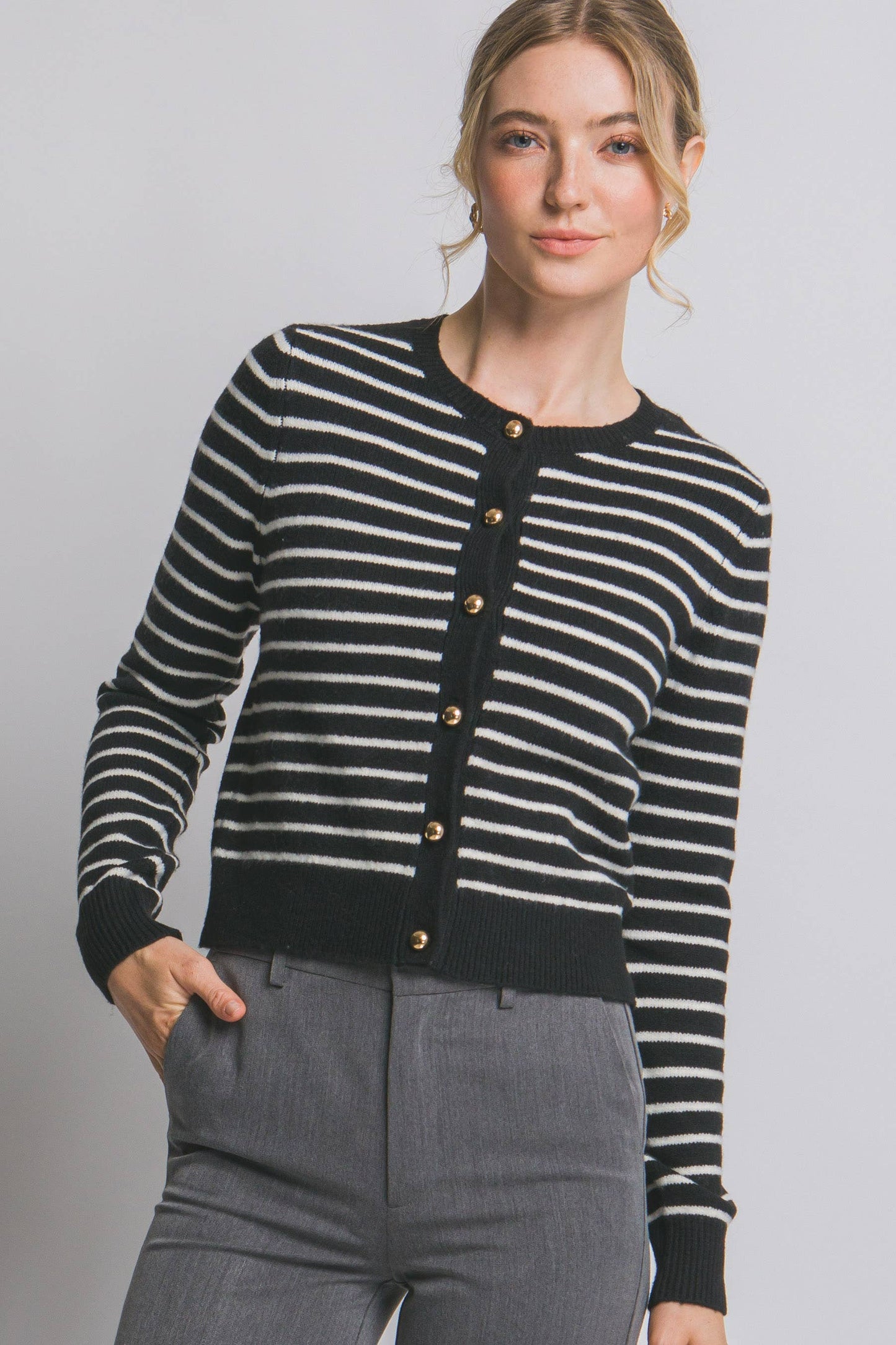 ,.0812 Striped Crew Neck Gold Button Cardigan SI-28593