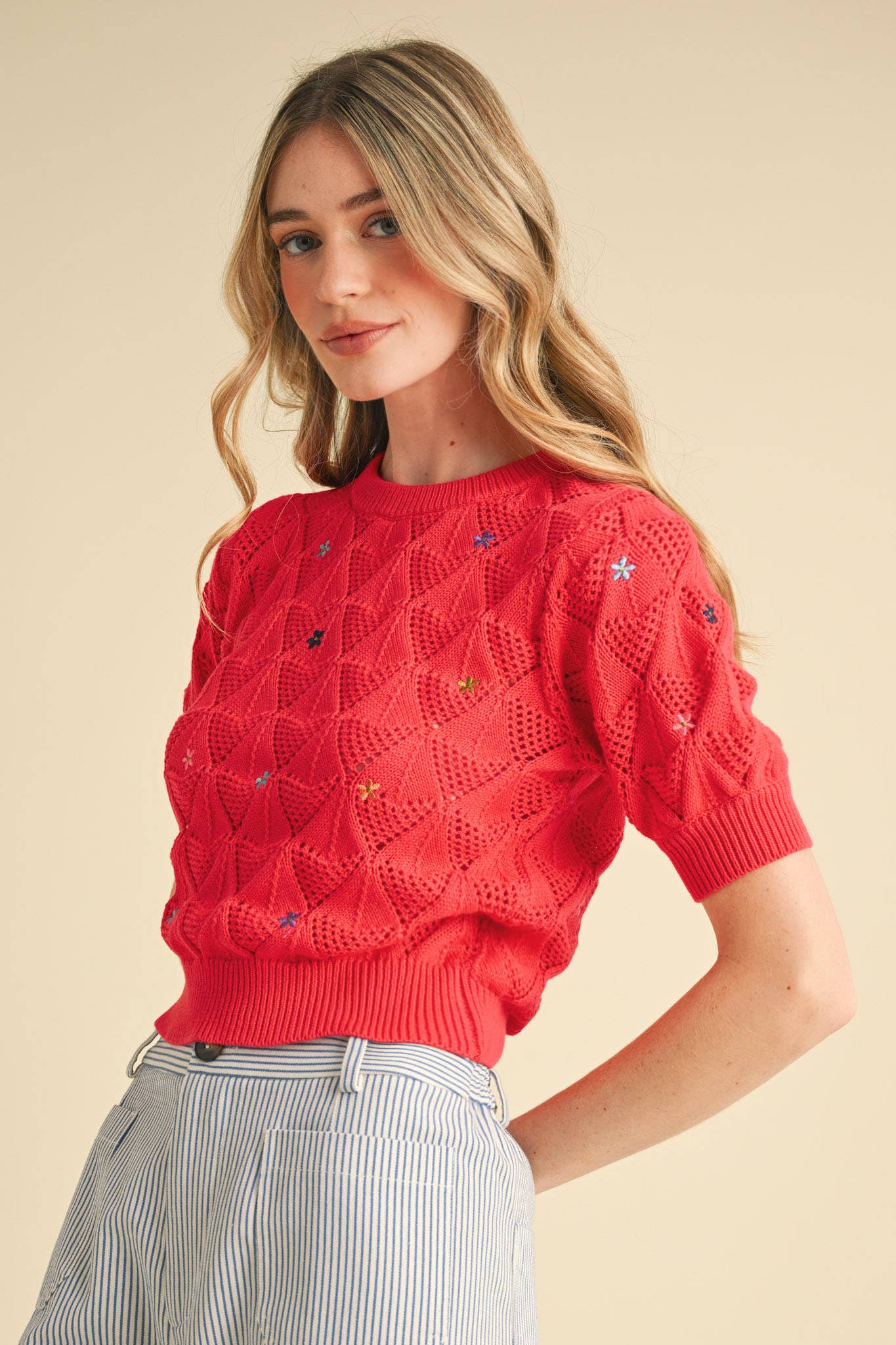 POINTELLE KNIT SWEATER WITH FLORAL EMBROIDERY MSW10819
