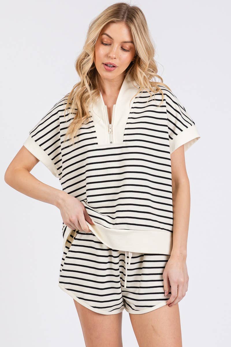 HALF ZIP UP STRIPED TOP AND SHORTS SETS