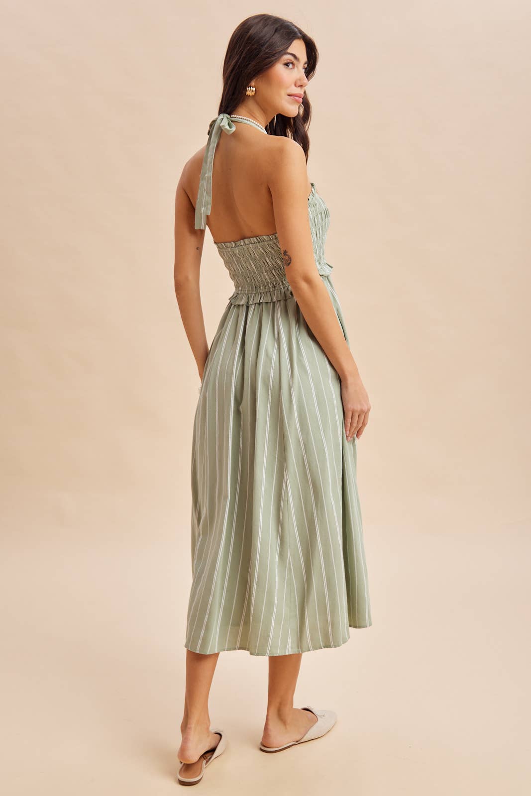 SMOCKED HALTER MIDI DRESS