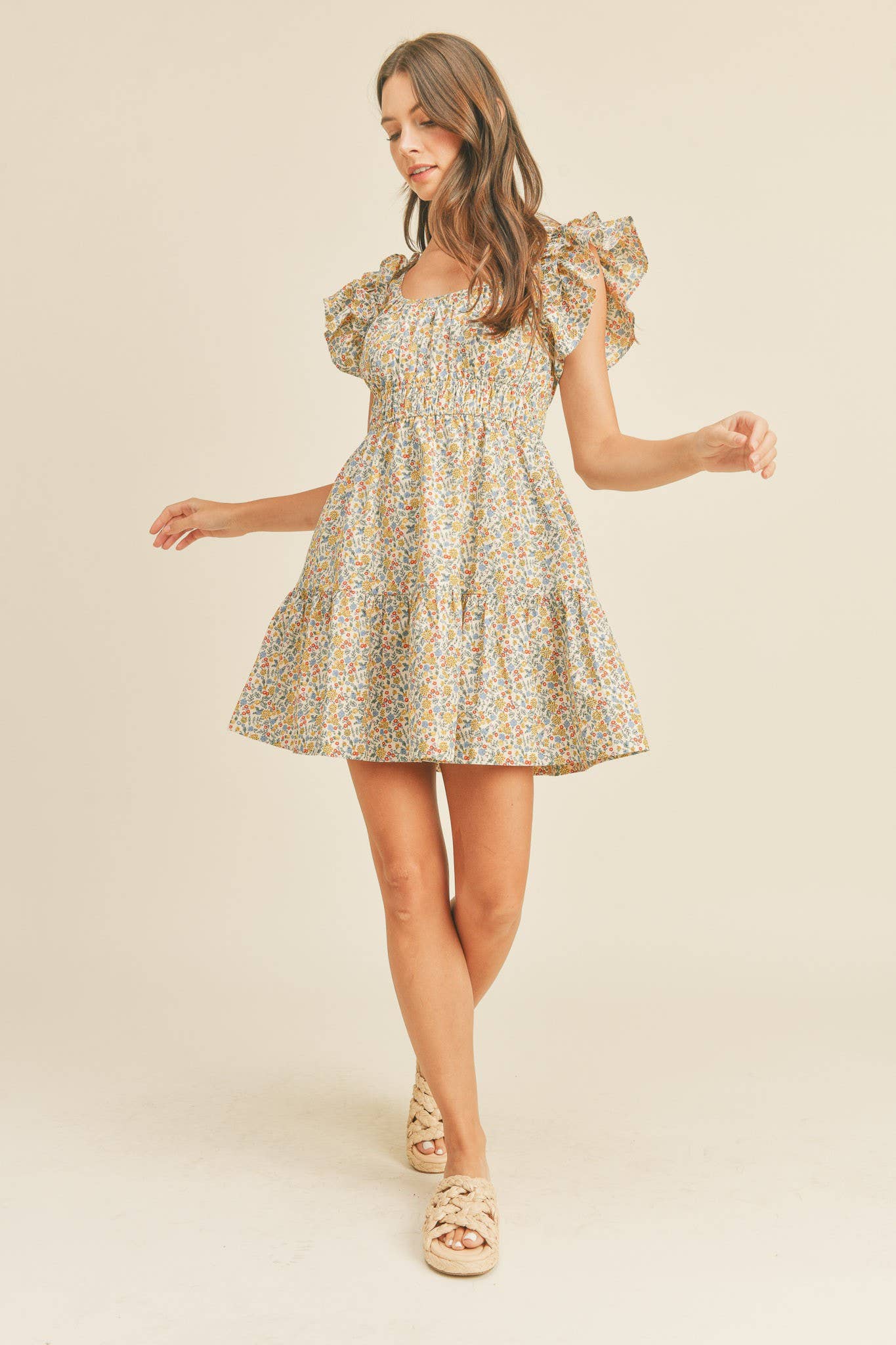 FLORAL PRINT FLUTTER SLEEVE MINI DRESS MDR1824