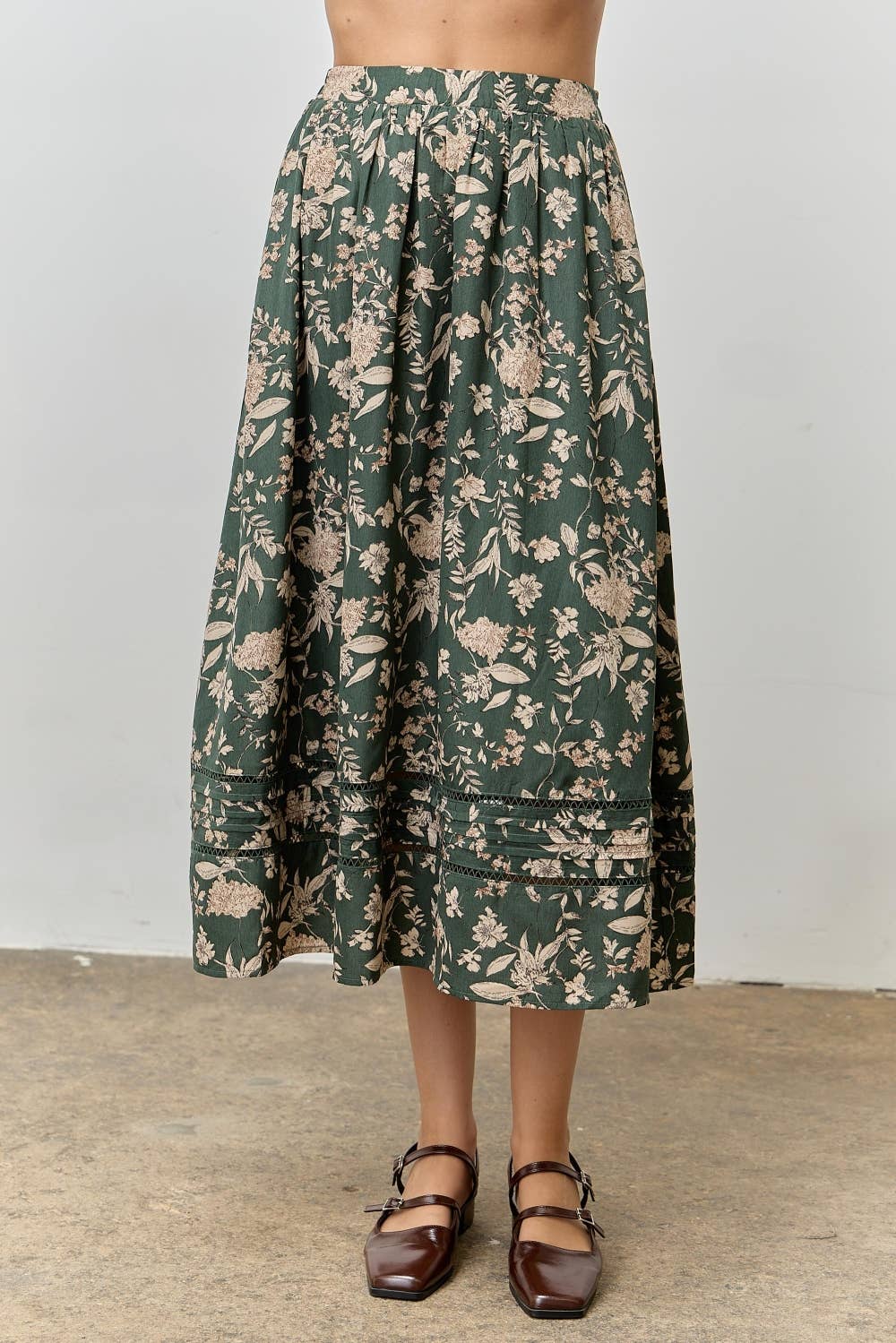 FLORAL PRINT LACE TRIM MIDI SKIRT