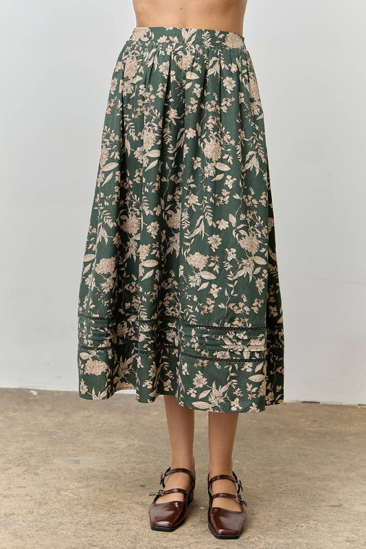 FLORAL PRINT LACE TRIM MIDI SKIRT