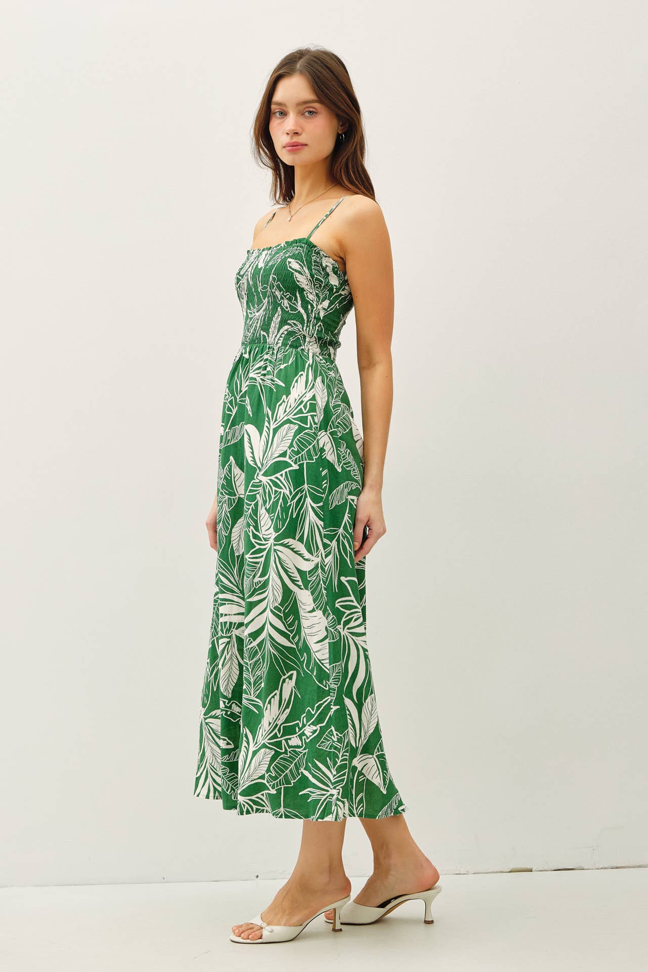 SMOCKED PRINTED MIDI DRESS