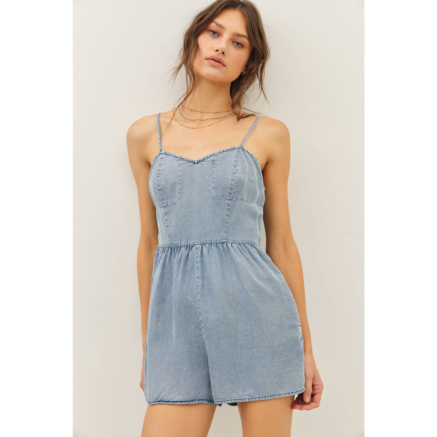 WASHED TENCEL ROMPER WITH SMOCKED BACK