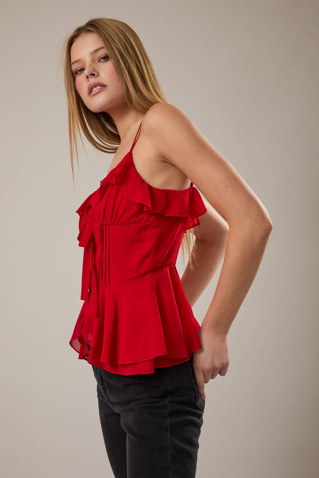 RUFFLE DETAIL PEPLUM SPAGHETTI TOP