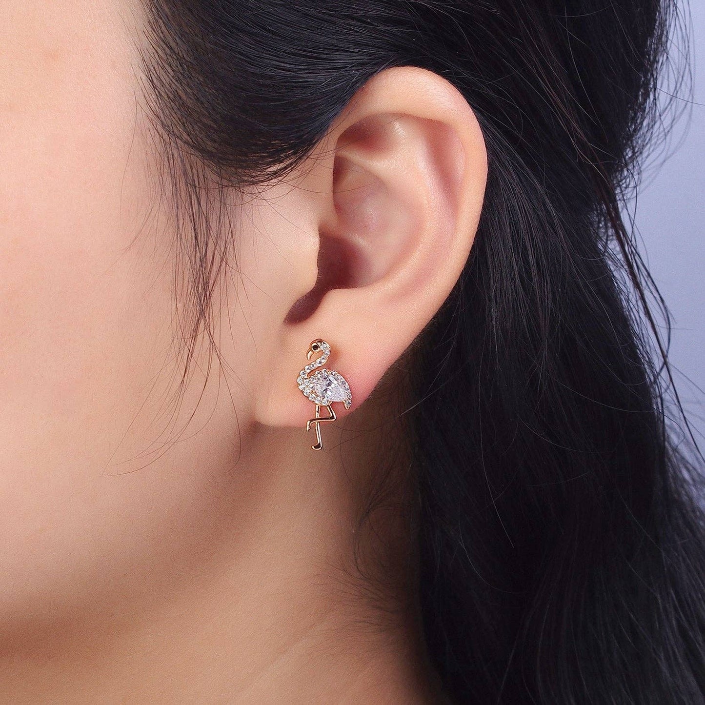 18K Gold Filled Flamingo Bird Micro Paved CZ Teardrop Stud Earrings | AB289