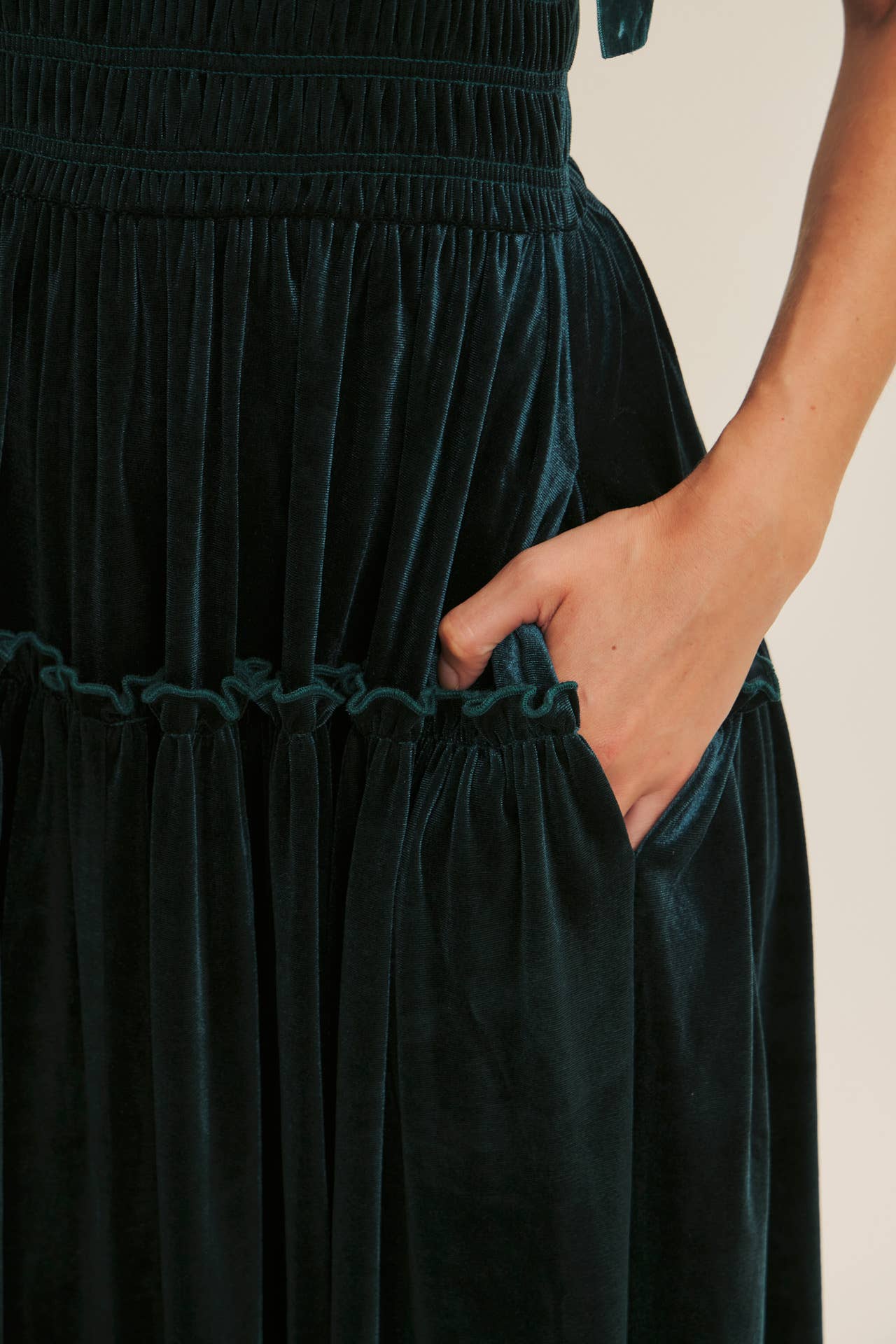 HOLIDAY CLASSIC VELVET SMOCKED MIDI DRESS WITH POCKETS