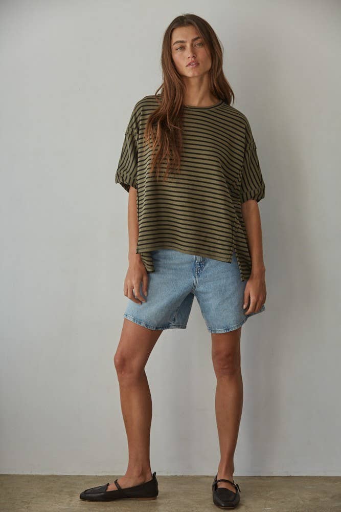 RJ3530 | Knit Cotton Polyester Striped Short Sleeve Top