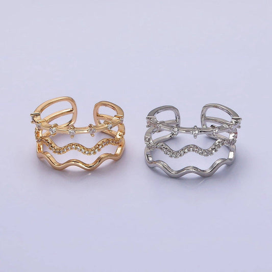 Dainty Gold Wavy Ring Triple Layer Gold Ring adjustable Minimalist Jewelry Stackable R-092 AA-1249