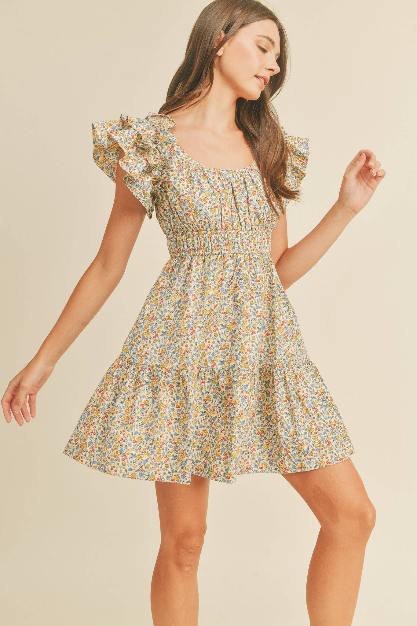 FLORAL PRINT FLUTTER SLEEVE MINI DRESS MDR1824
