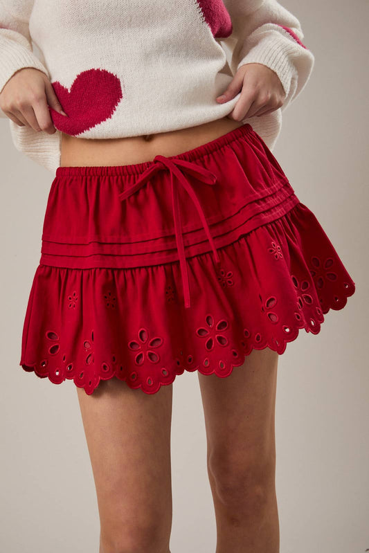 EYELET EMBROIDERED SCALLOP FLARE MINI SKIRT