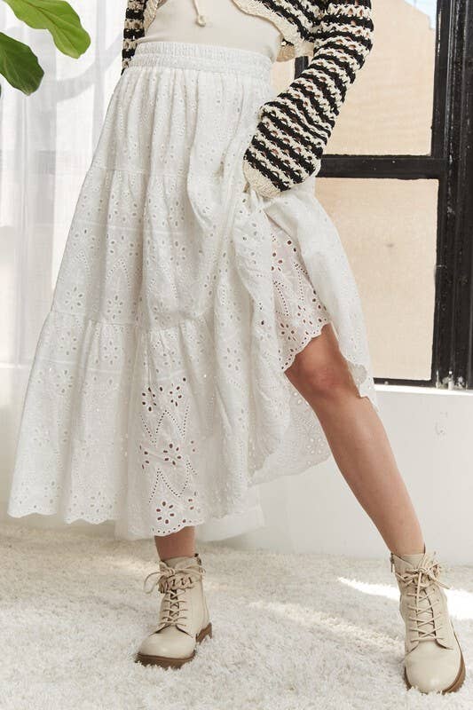 LES3878-ELASTIC WAISTBAND TIERED MIDI SKIRT