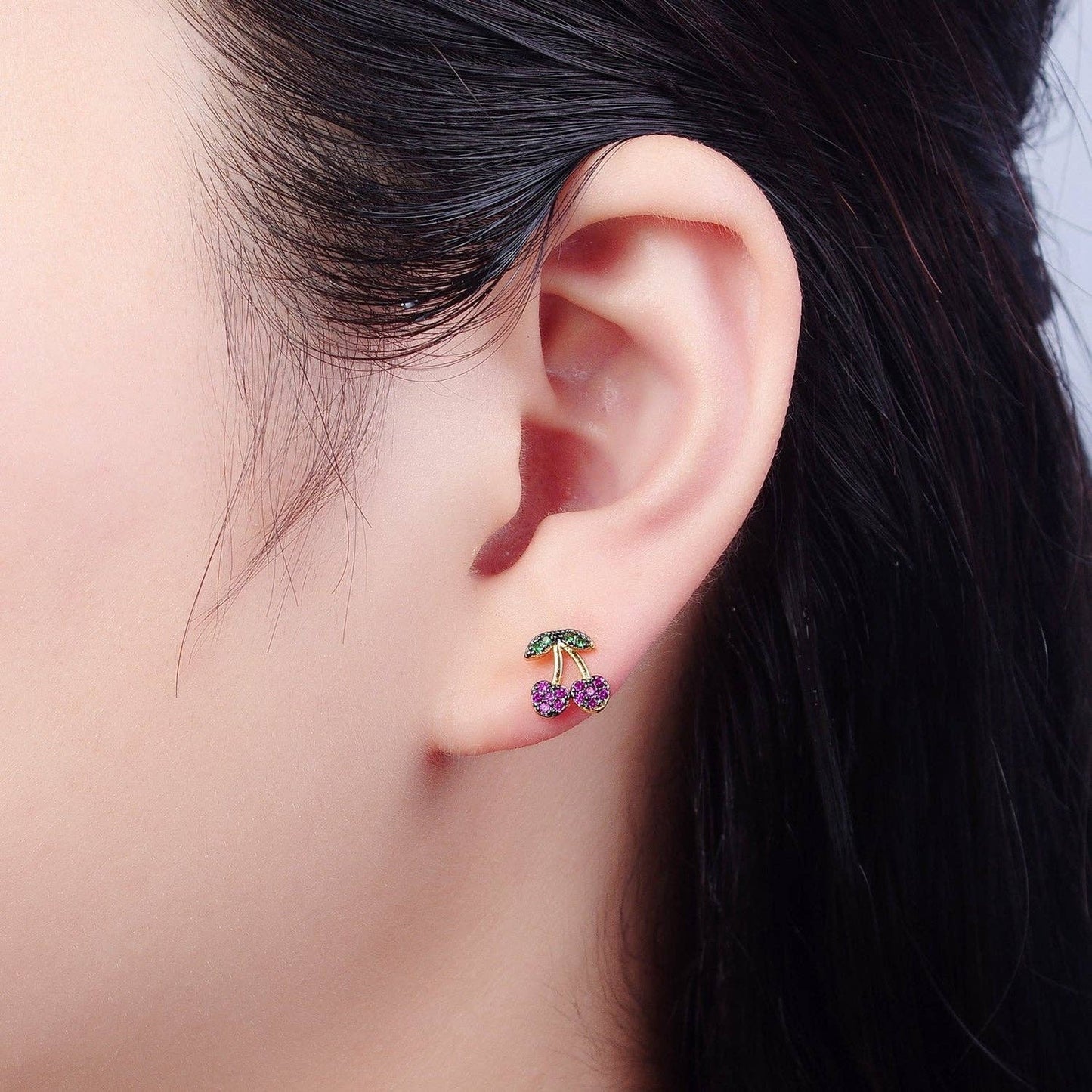 CZ Micro Pave 24K Gold Filled Cherry Fruit Stud Earrings