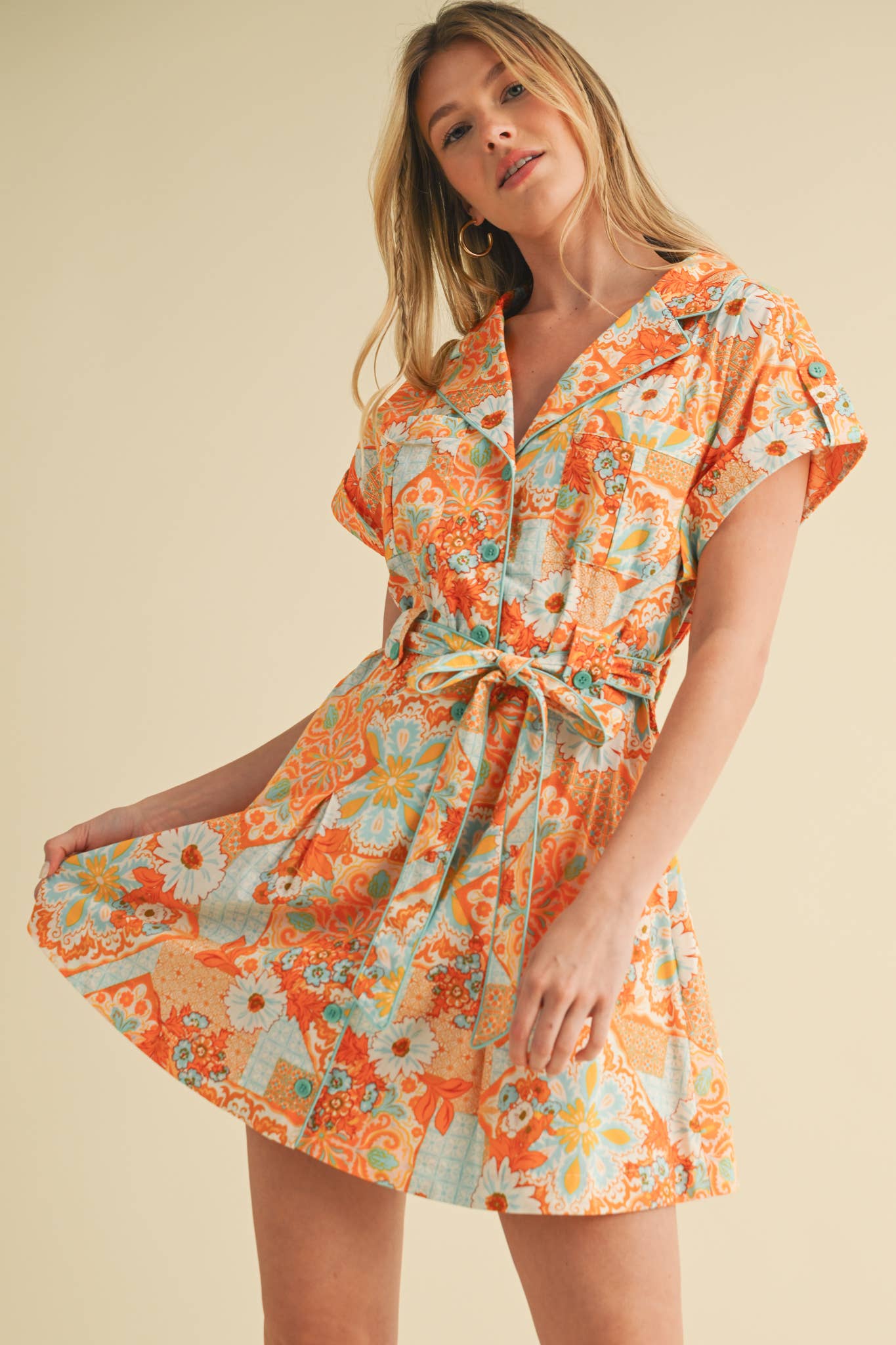 EXCLUSIVE PRINT BUTTON DOWN SHORT SLEEVE MINI DRESS MDR4044