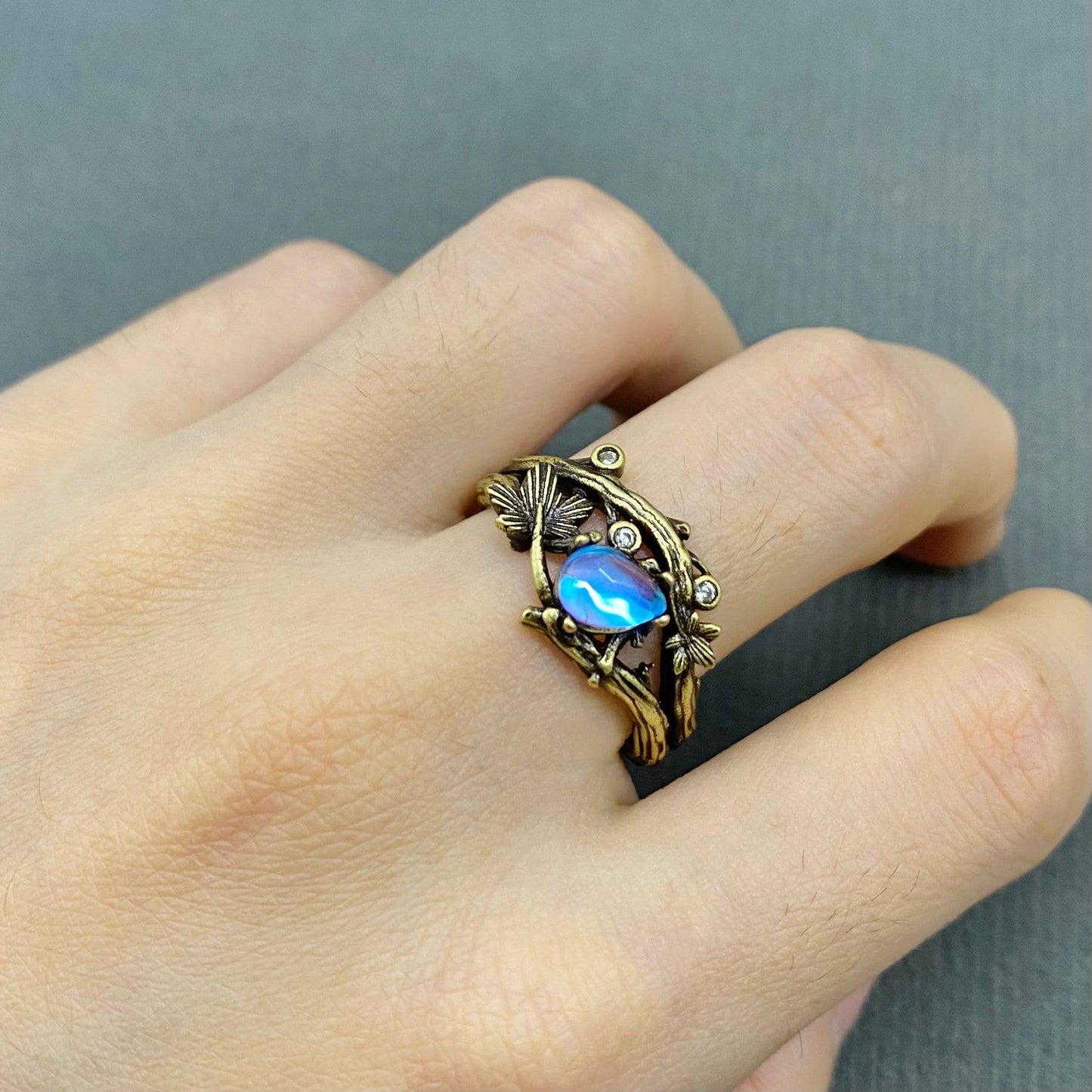 Vintage Moonstone Foliage Bronze Adjustable Ring