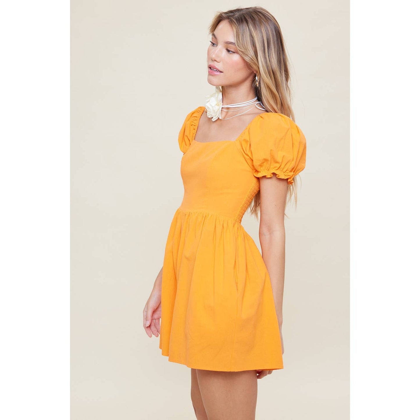SQUARE NECK PUFF SLEEVE SMOCK BACK BABYDOLL ROMPER