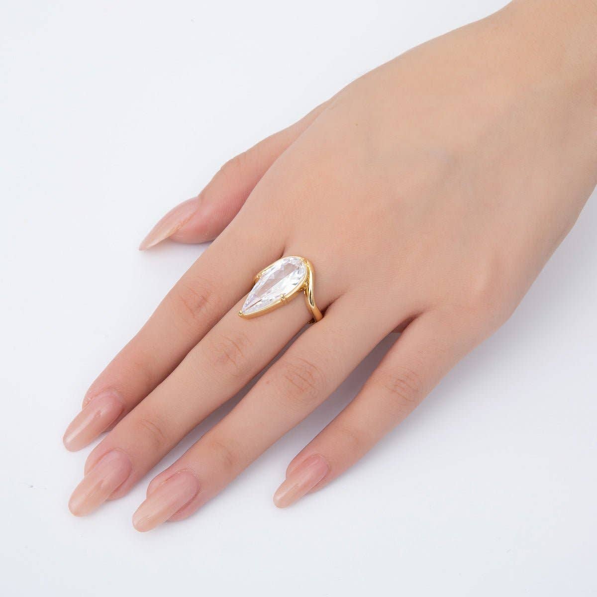 18K Gold Filled Pink, Clear Teardrop Pear Shaped Solitaire Curved Adjustable Ring | O-2208
