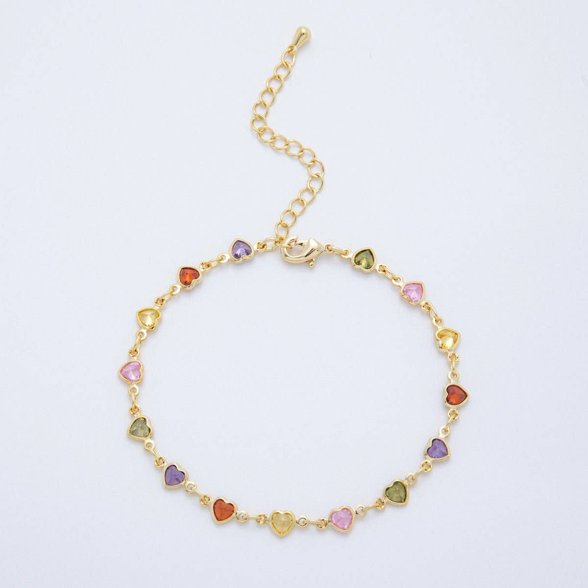 18K Gold Filled Clear, Multicolor, Red CZ Heart Star Sideway Straight 6.9 Inch Bracelet | WA-3781 - WA-3782