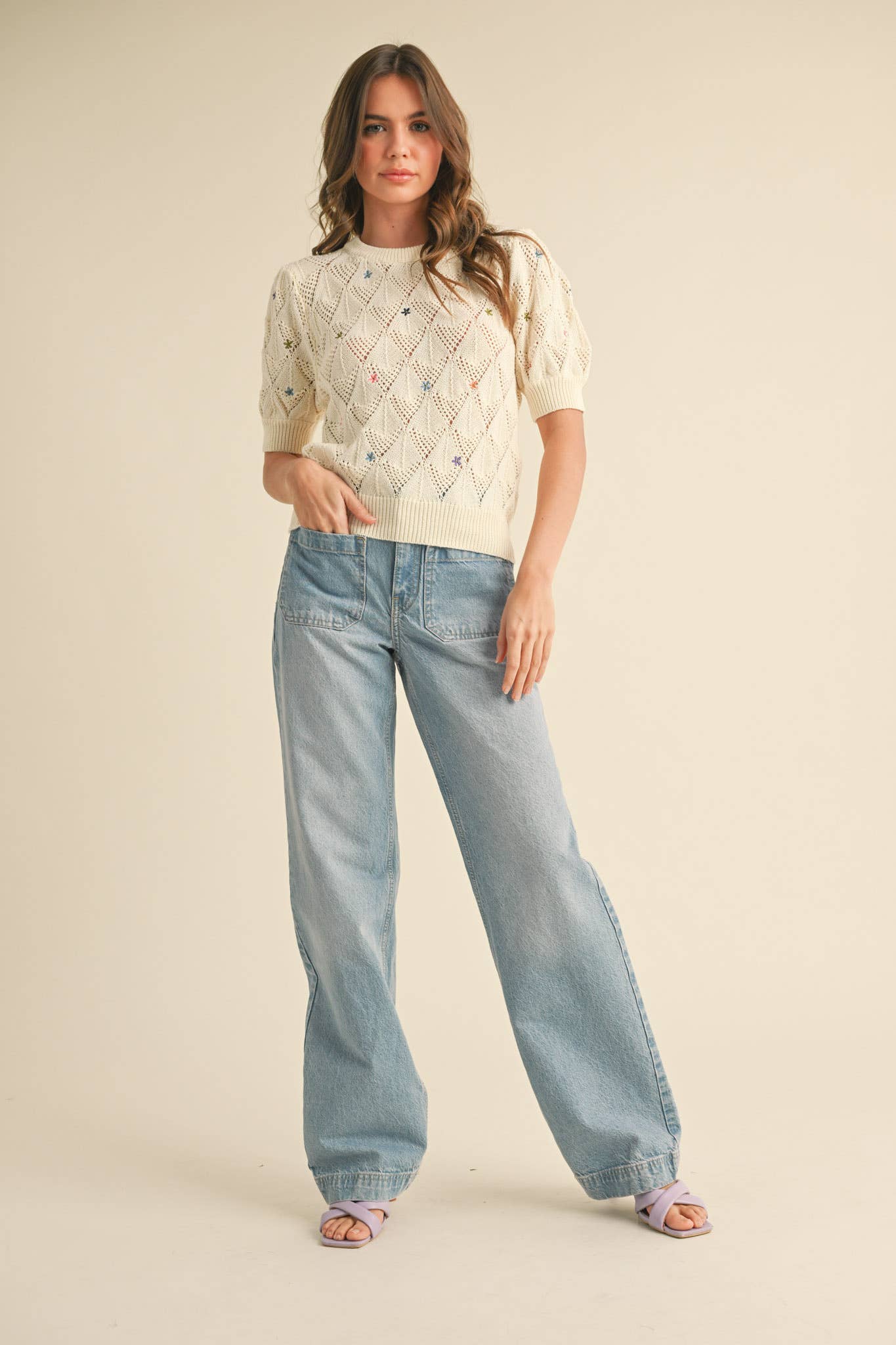 POINTELLE KNIT SWEATER WITH FLORAL EMBROIDERY MSW10819
