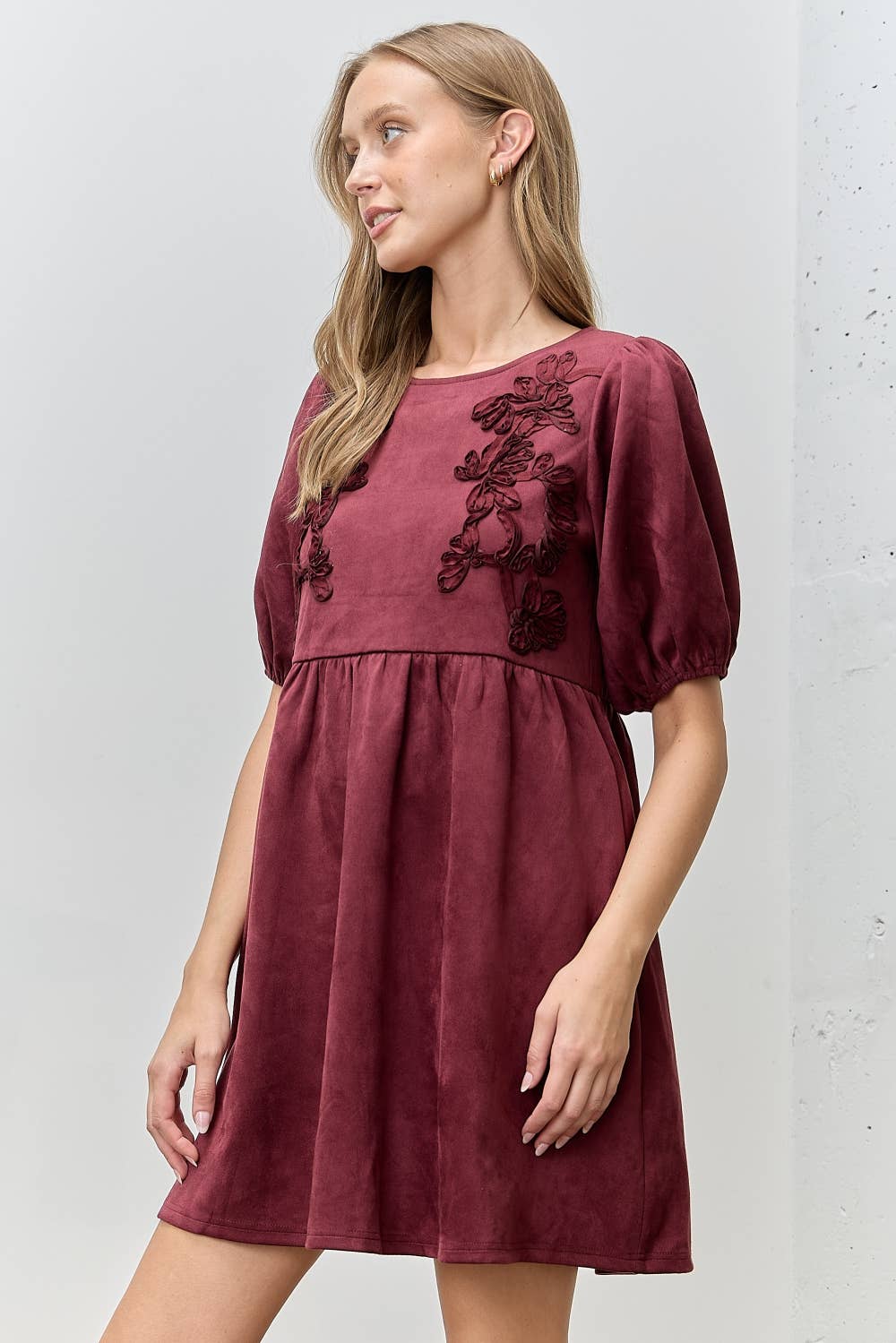 3D EMBROIDERED SUEDE DRESS