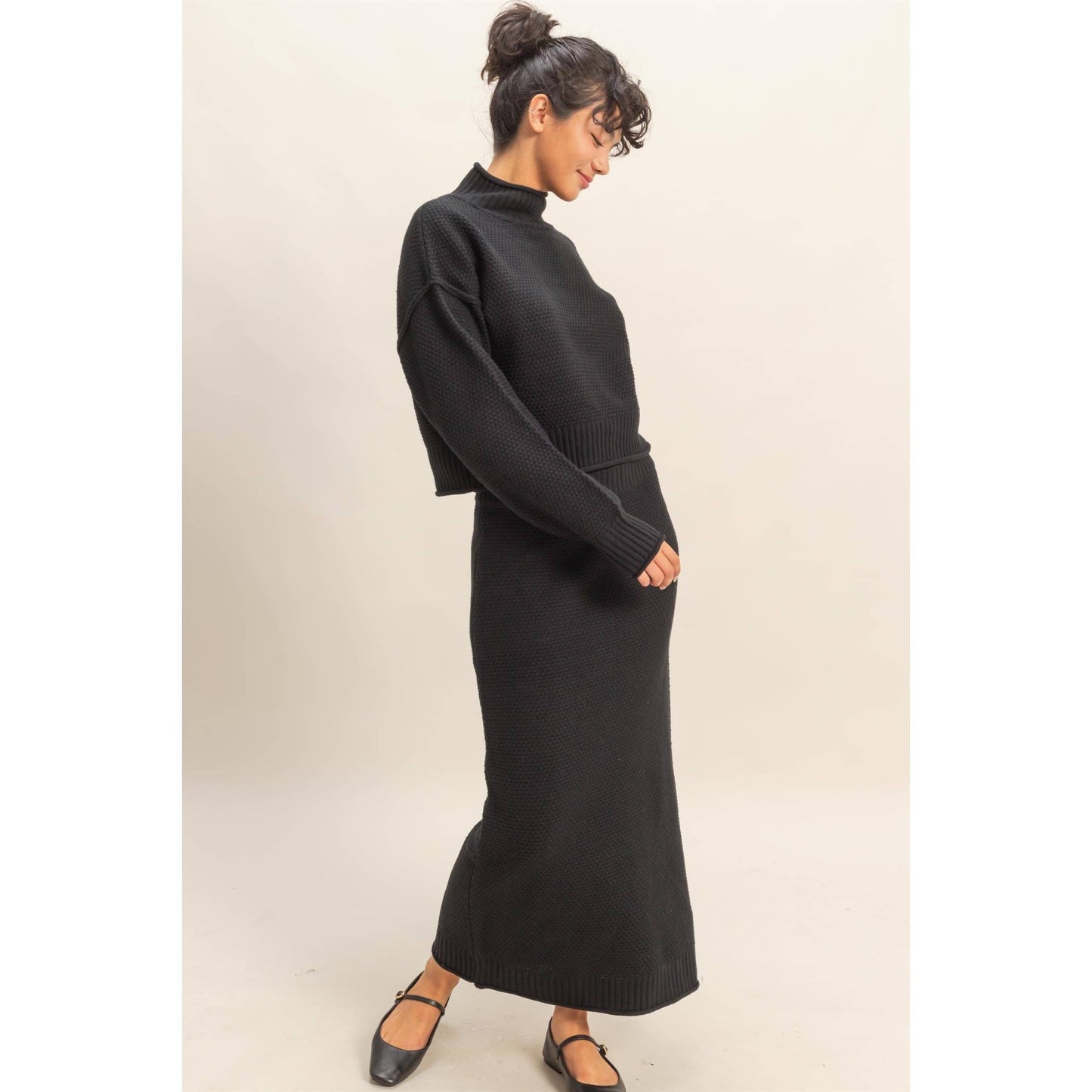 Textured High Neck Sweater & Skirt Set