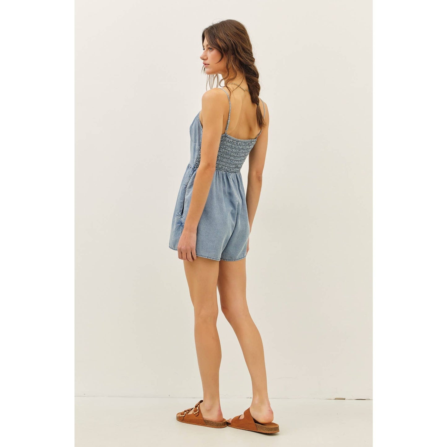 WASHED TENCEL ROMPER WITH SMOCKED BACK