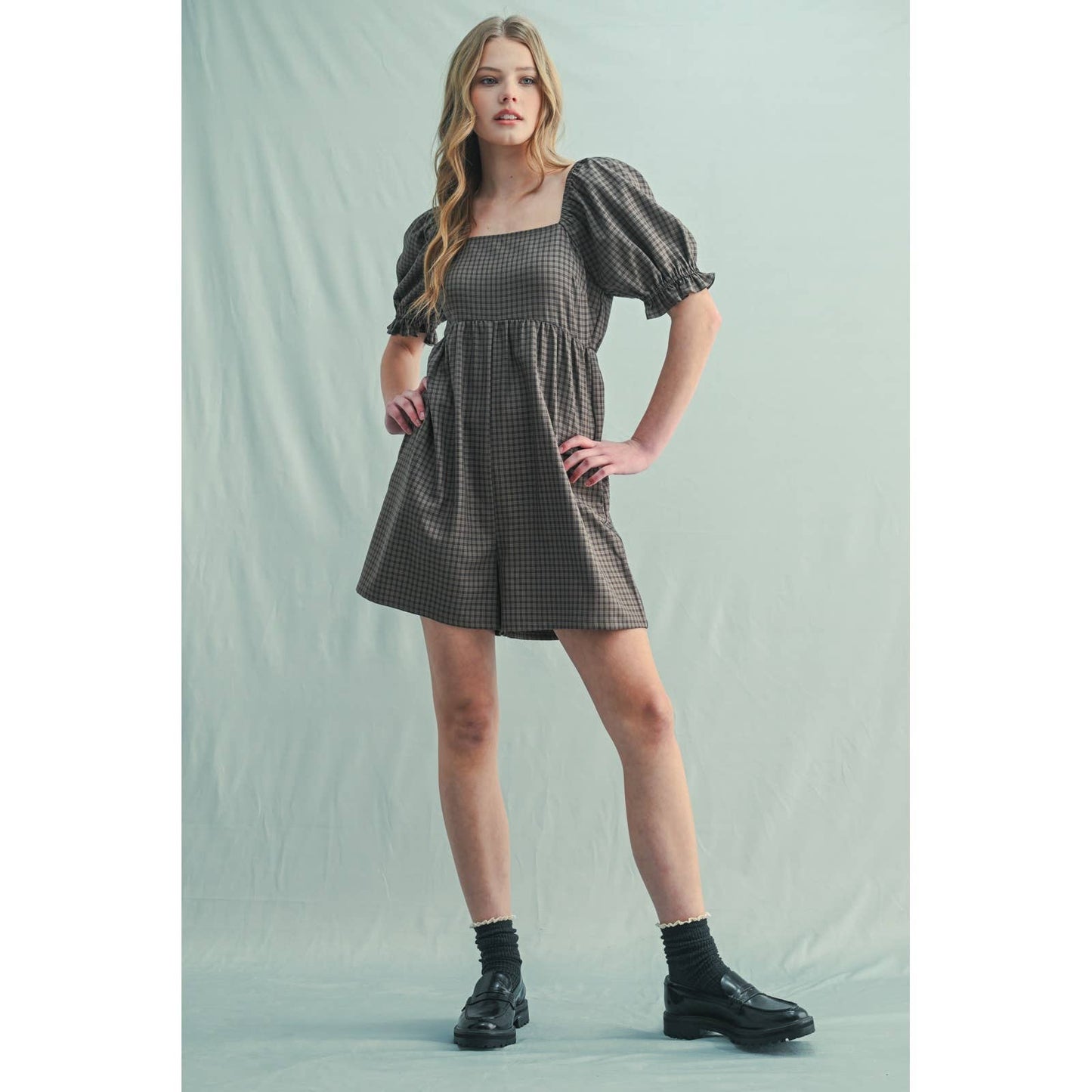 PLAID SQUARE NECK ROMPER / WL25-11074