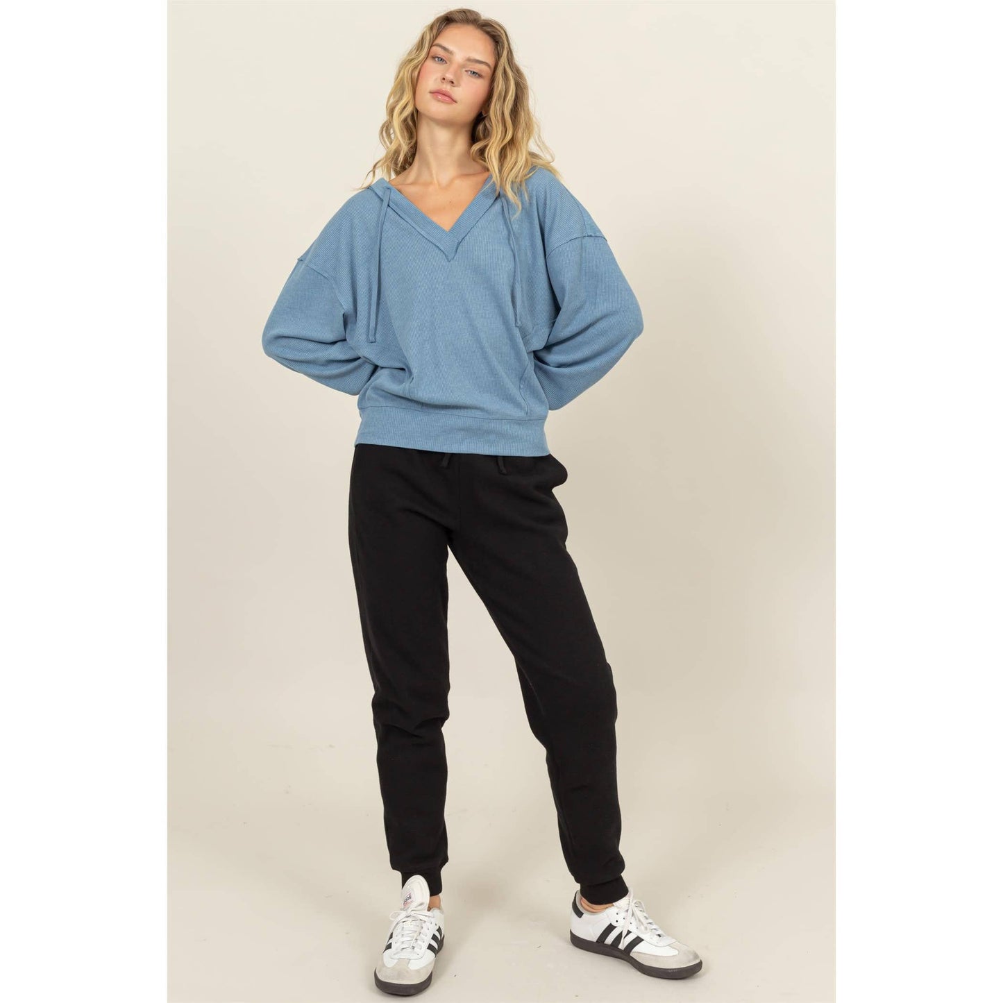 Relaxed Fit Notch Neck Ribbed Hoodie