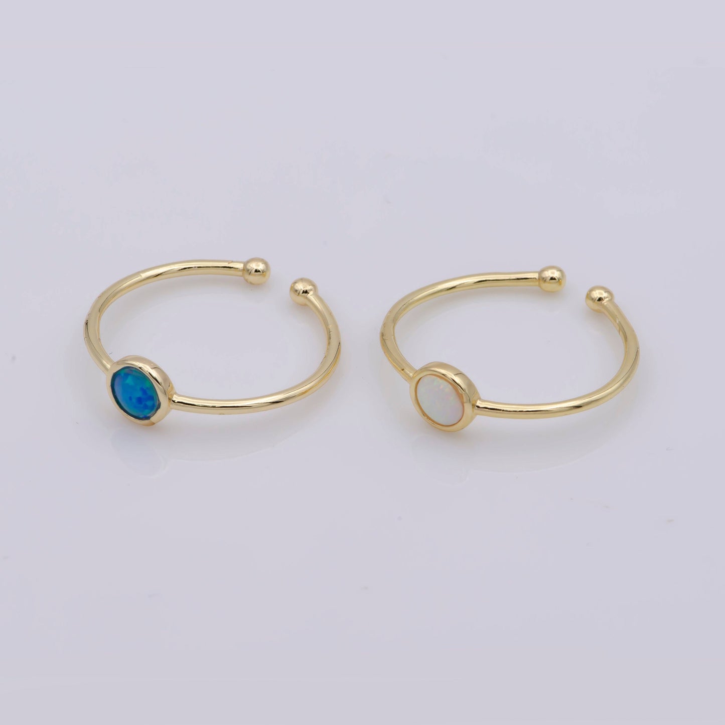 Dainty 18K Gold Filled Round Opal Stone Adjustable Ring, Blue Opal & White Opal Stacking Ring O524, O525