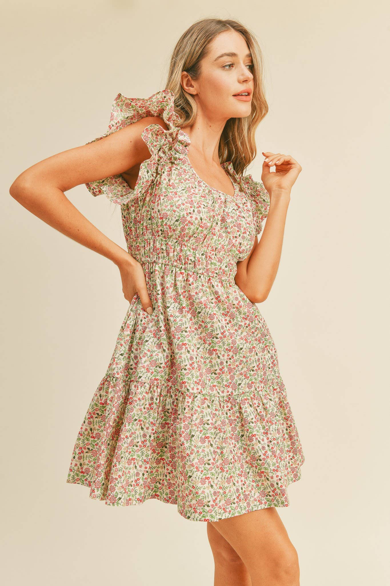 FLORAL PRINT FLUTTER SLEEVE MINI DRESS MDR1824