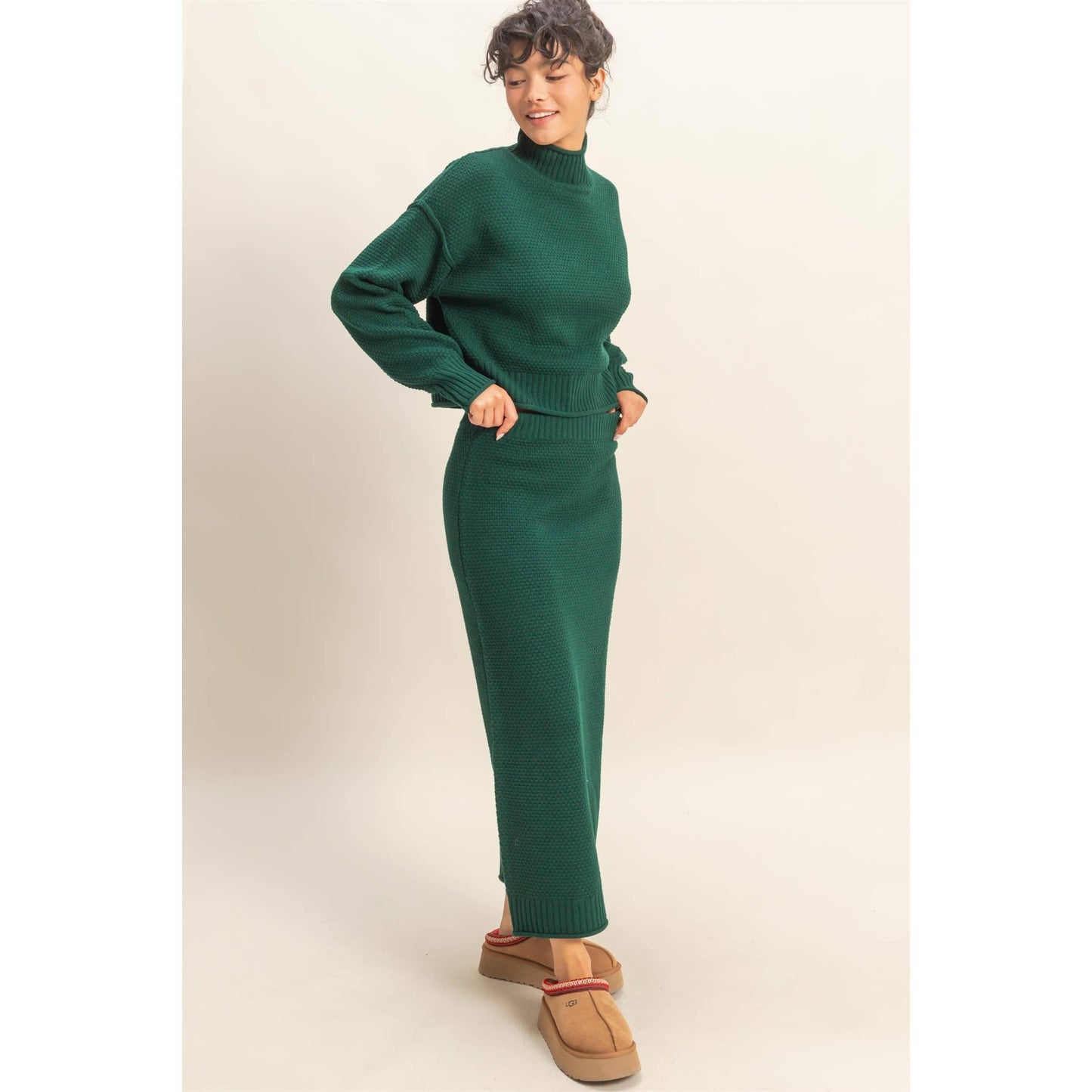 Textured High Neck Sweater & Skirt Set