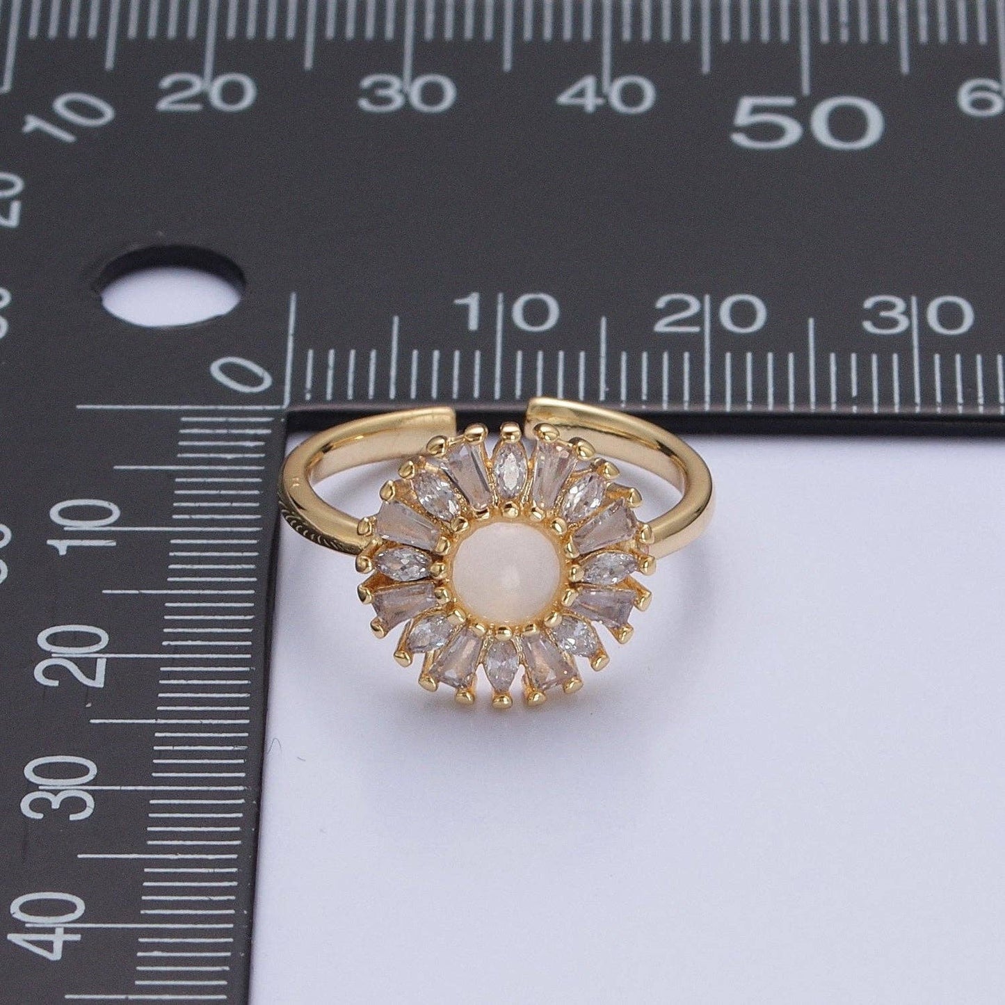 Gold Sun Ring Clear Baguette Ring Celestial Jewelry O-755