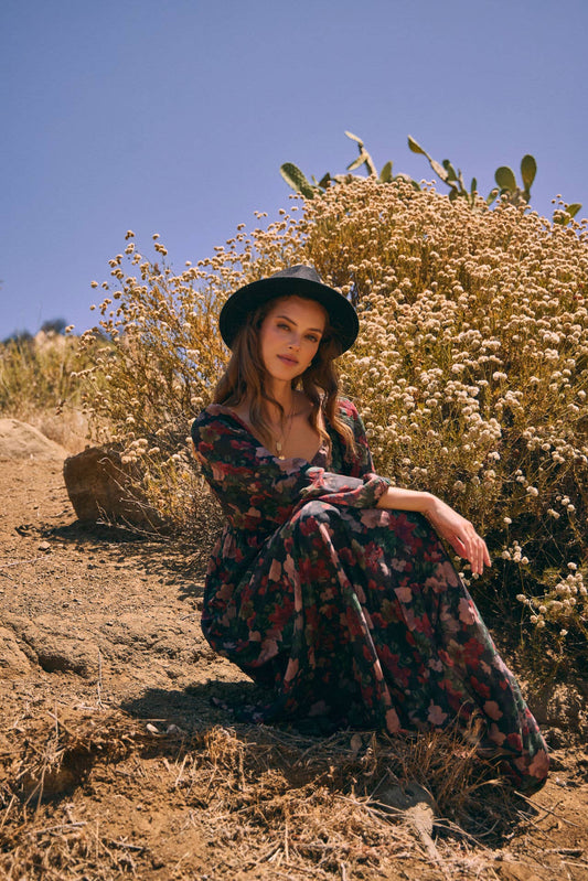 LOVE LETTER TO AUTUMN FLORAL CRINKLED MAXI SMOCKED DRESS