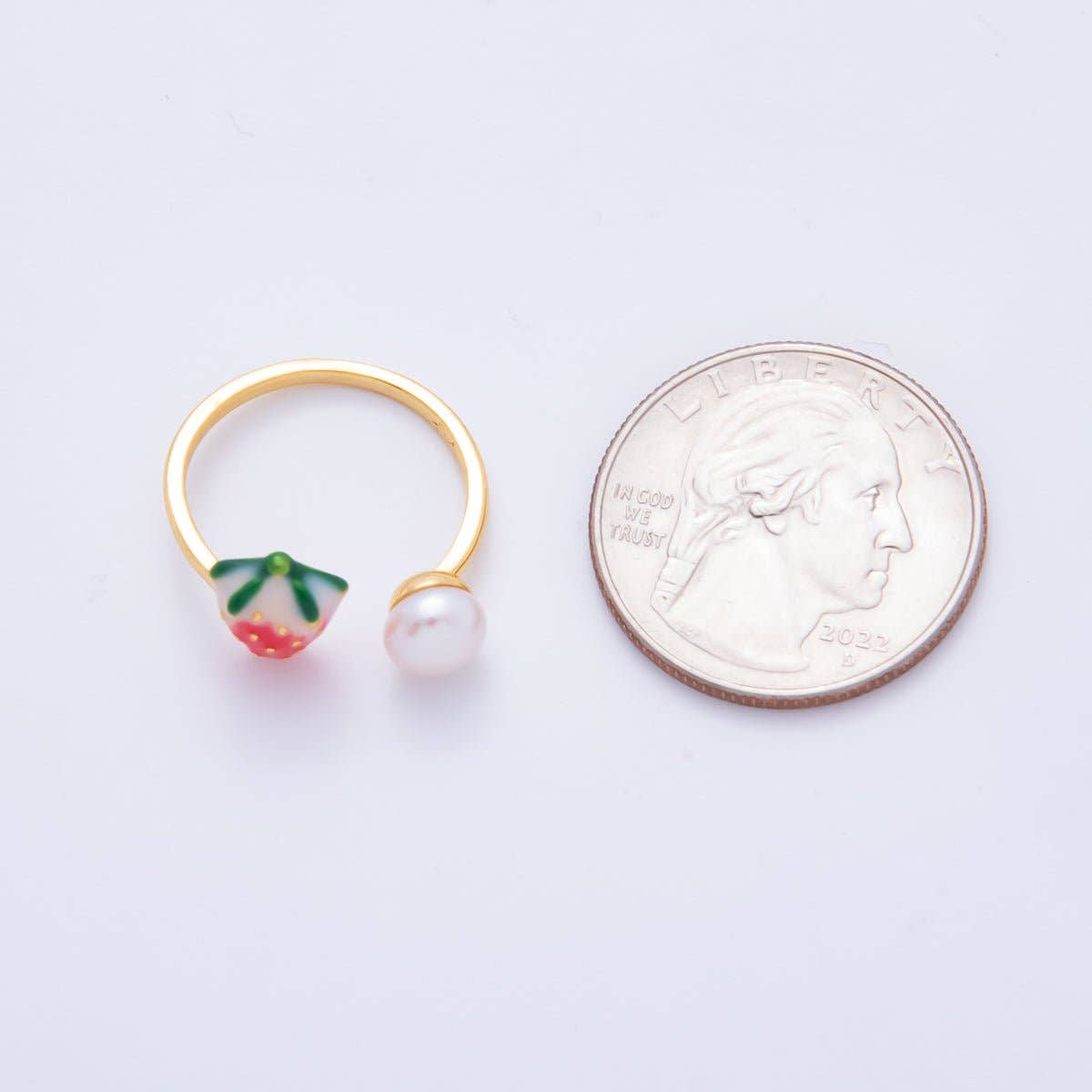 18K Gold Filled Red Enamel Strawberry Fruit with Shell Pearl Adjustable Ring | O-040