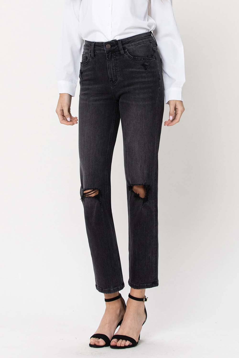 HIGH RISE DISTRESSED CROP STRAIGHT JEANS F4293